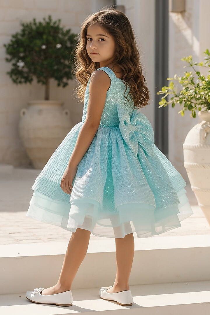 Blue Net Embroidered Dress For Girls by Fayon Kids at Pernia's Pop Up Shop
