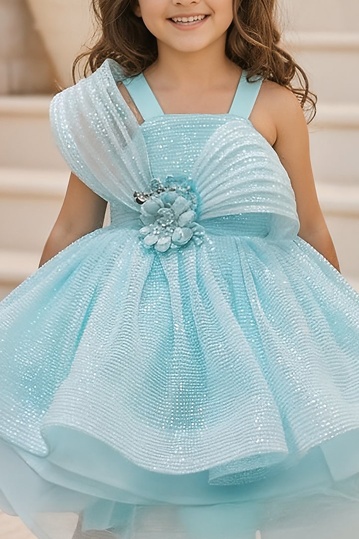 Blue Net Embroidered Dress For Girls by Fayon Kids at Pernia's Pop Up Shop