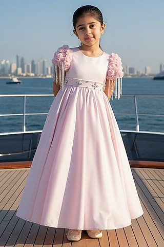 Pink Satin Embroidered Gown For Girls by Fayon Kids