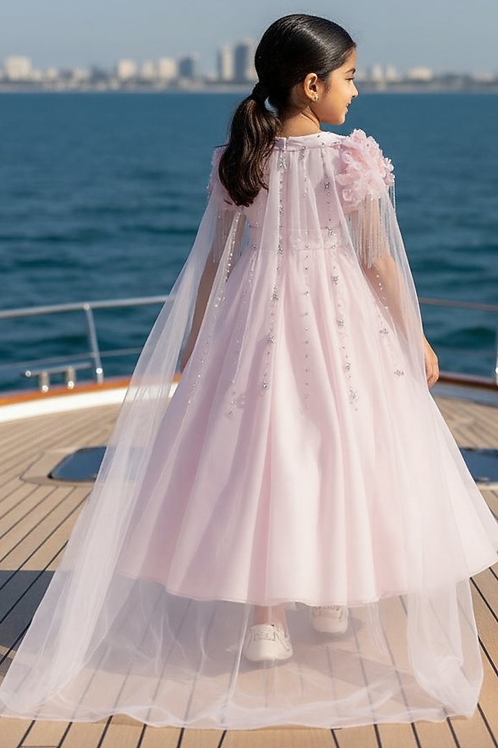Pink Satin Embroidered Gown For Girls by Fayon Kids at Pernia's Pop Up Shop