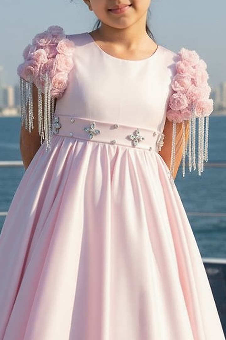 Pink Satin Embroidered Gown For Girls by Fayon Kids at Pernia's Pop Up Shop
