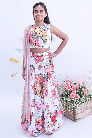 White Georgette Floral Printed Lehenga Set For Girls by Fayon Kids