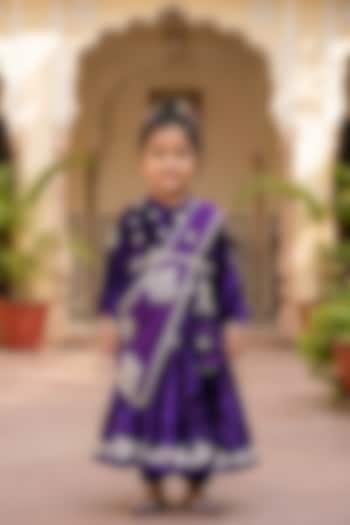 Purple Velvet Embroidered Anarkali Set For Girls by Fayon Kids at Pernia's Pop Up Shop