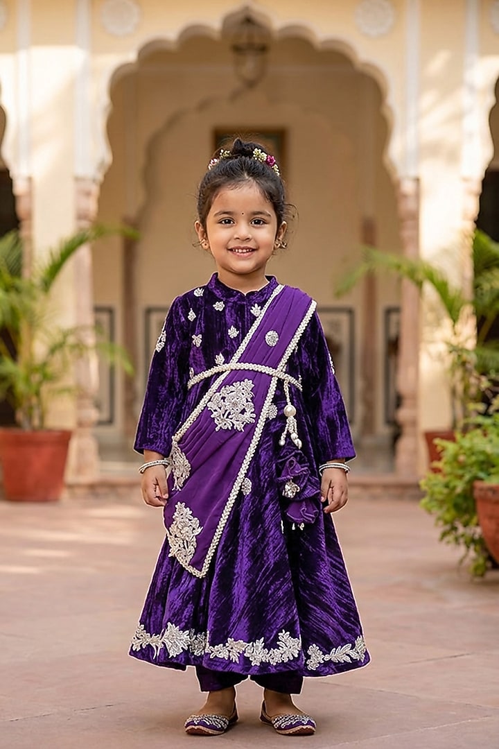 Purple Velvet Embroidered Anarkali Set For Girls by Fayon Kids at Pernia's Pop Up Shop