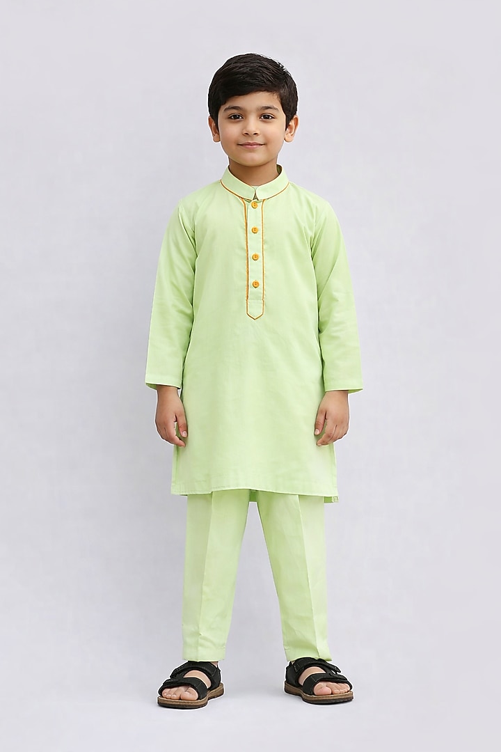 Mint Cotton Silk Kurta Set For Boys by Fayon Kids at Pernia's Pop Up Shop