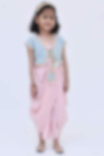 Peach Embroidered Dhoti Jumpsuit With Jacket For Girls by Fayon Kids