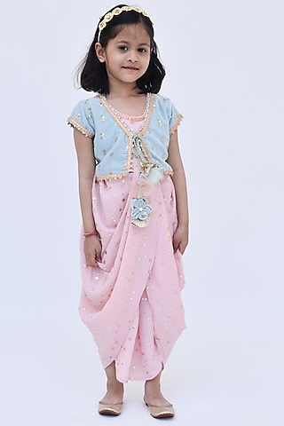 Peach Georgette Embroidered Jacket Jumpsuit For Girls by Fayon Kids