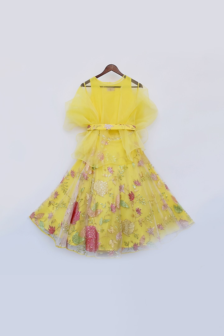 Bright Yellow Embroidered Cape Lehenga Set For Girls by Fayon Kids