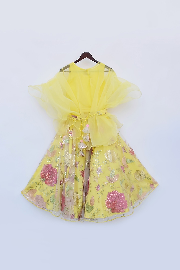 Bright Yellow Embroidered Cape Lehenga Set For Girls by Fayon Kids at Pernia's Pop Up Shop