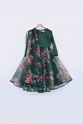 Green Organza Floral Printed Lehenga Set For Girls by Fayon Kids