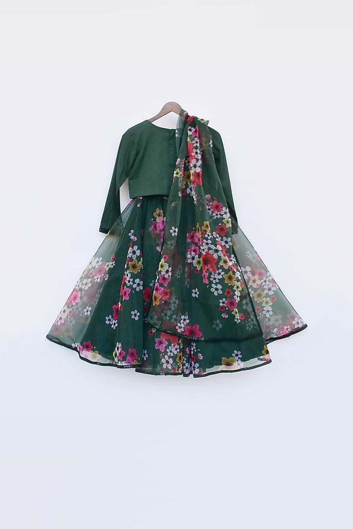 Green Organza Floral Printed Lehenga Set For Girls by Fayon Kids at Pernia's Pop Up Shop