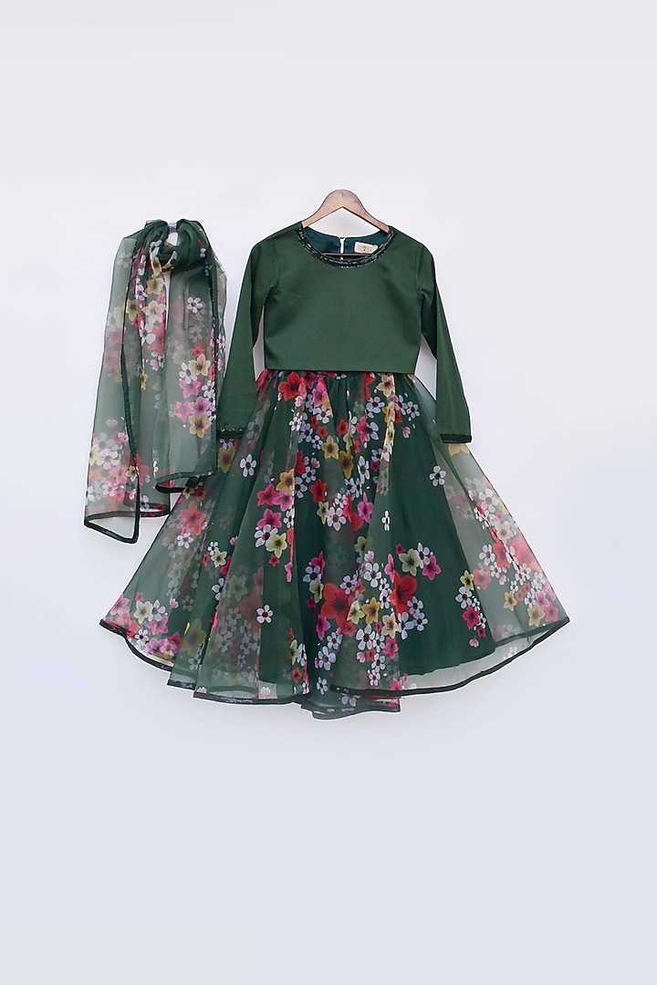 Green Organza Floral Printed Lehenga Set For Girls by Fayon Kids at Pernia's Pop Up Shop