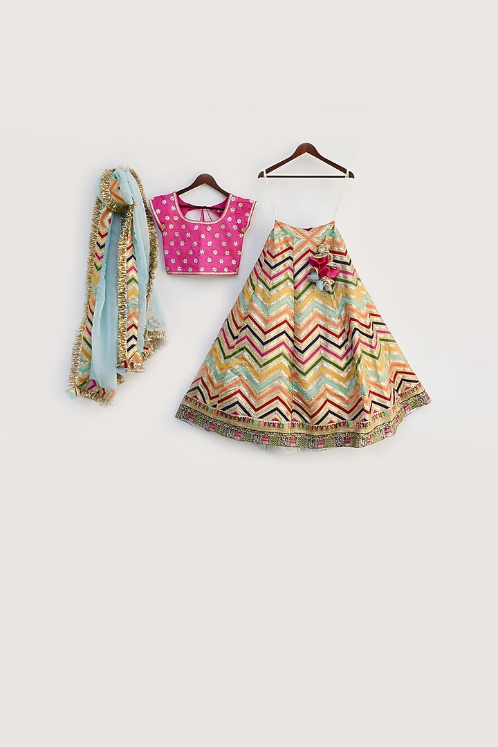 Multi-Colored Net Embroidered Lehenga Set For Girls by Fayon Kids at Pernia's Pop Up Shop