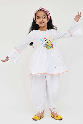 White Cotton Dhoti Set For Girls  by Fayon Kids