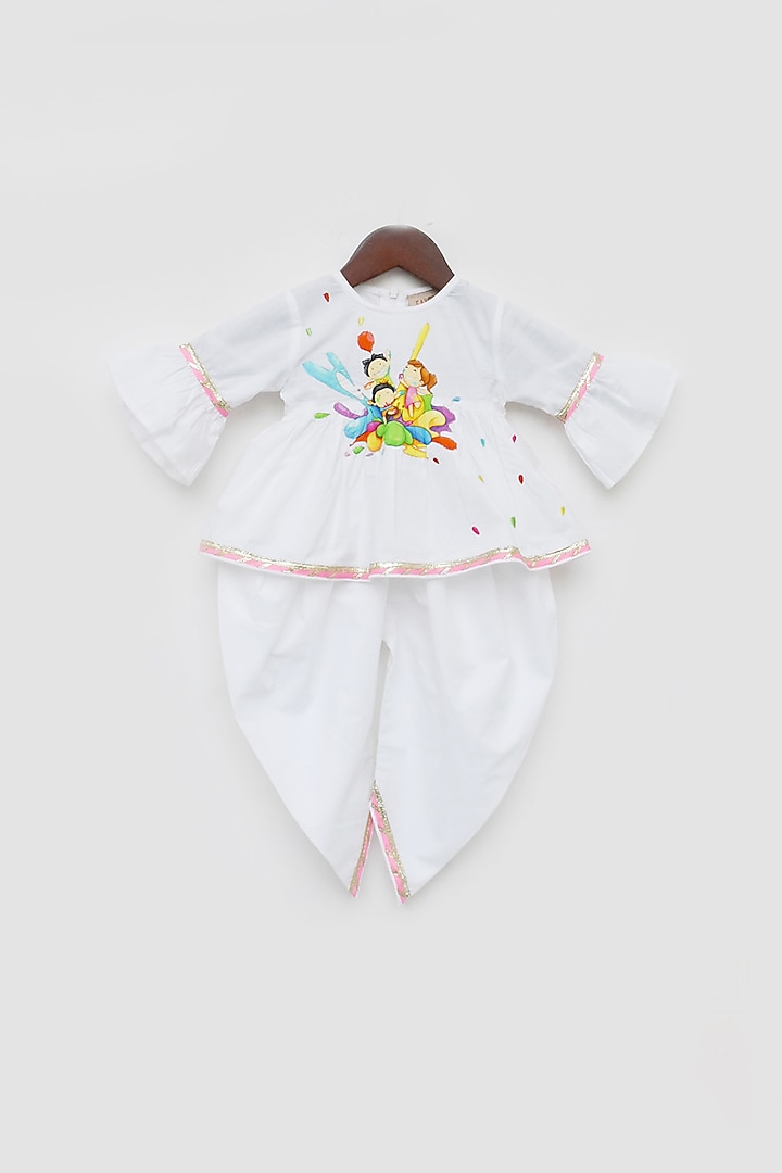 White Cotton Dhoti Set For Girls by Fayon Kids at Pernia's Pop Up Shop