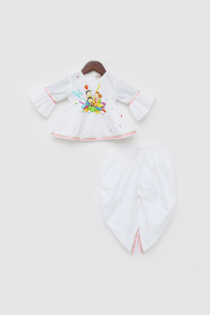 White Cotton Dhoti Set For Girls by Fayon Kids at Pernia's Pop Up Shop