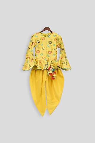 Lime Green Embellished Peplum Top With Dhoti For Girls by Fayon Kids