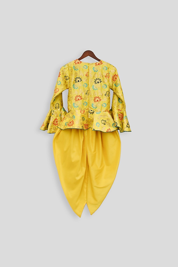 Lime Green Embellished Peplum Top With Dhoti For Girls by Fayon Kids at Pernia's Pop Up Shop