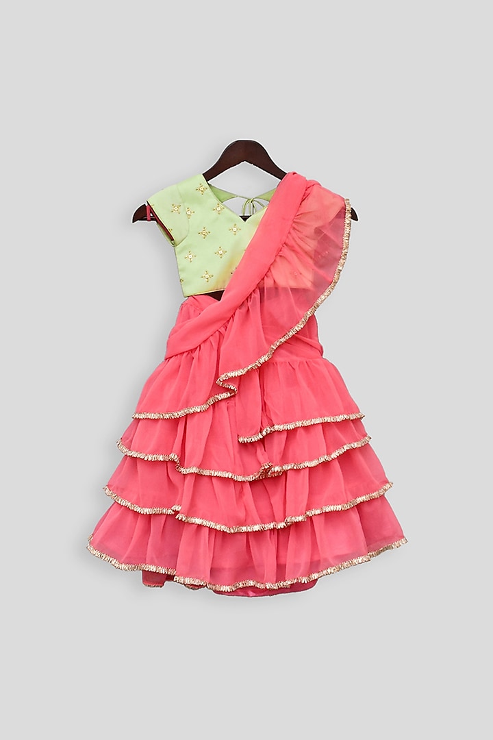 Pink & Green Embroidered Lehenga Saree Set For Girls by Fayon Kids