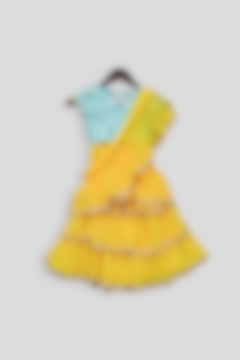 Blue & Yellow Embroidered Lehenga Saree Set For Girls by Fayon Kids
