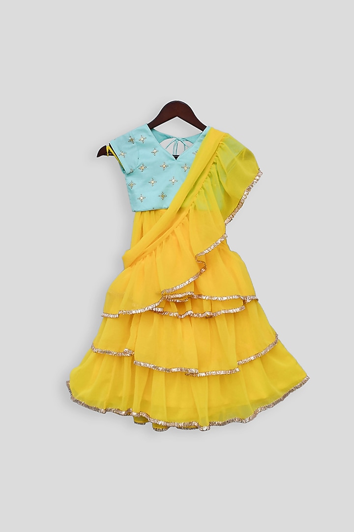 Blue & Yellow Embroidered Lehenga Saree Set For Girls by Fayon Kids