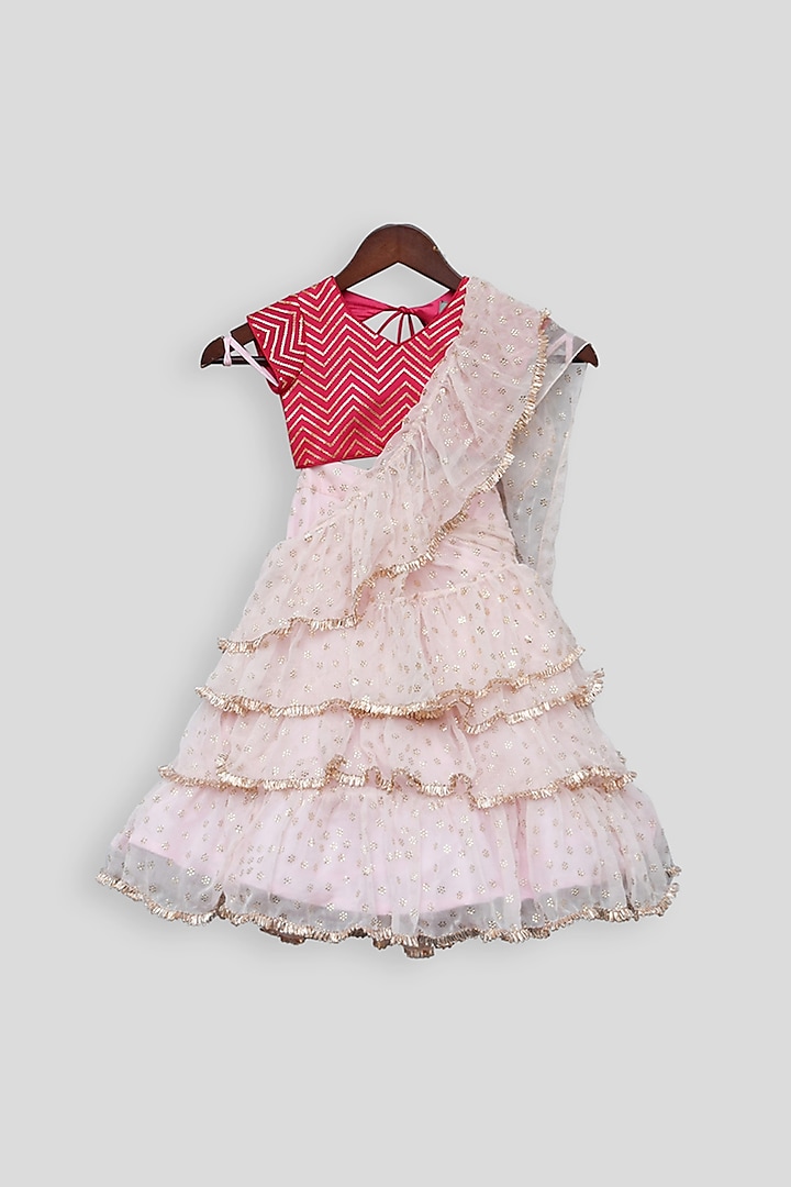 Hot Pink & Blush Pink Embroidered Lehenga Saree For Girls by Fayon Kids