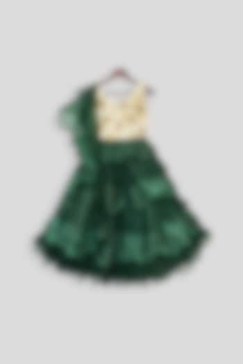 Gold & Green Embroidered Lehenga Set For Girls by Fayon Kids