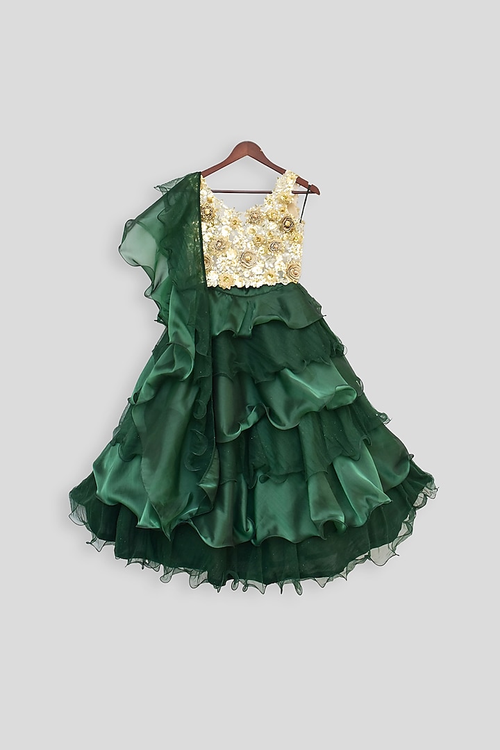 Gold & Green Embroidered Lehenga Set For Girls by Fayon Kids