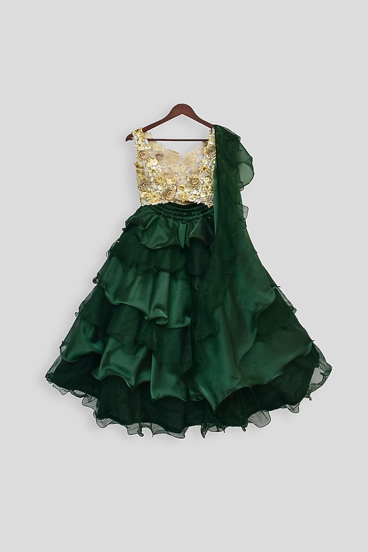Green Organza Embroidered Lehenga Set For Girls by Fayon Kids at Pernia's Pop Up Shop