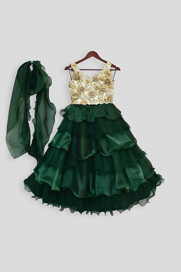 Green Organza Embroidered Lehenga Set For Girls by Fayon Kids at Pernia's Pop Up Shop