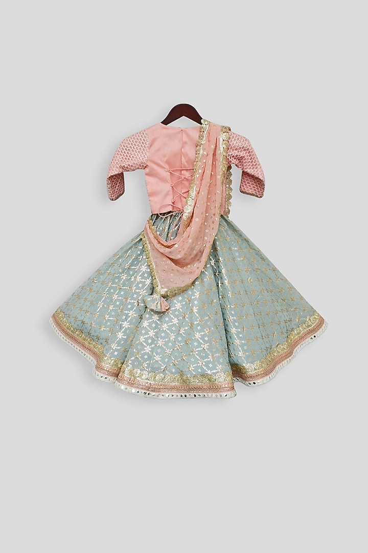 Pastel Blue Chanderi Thread Embroidered Lehenga Set For Girls by Fayon Kids at Pernia's Pop Up Shop