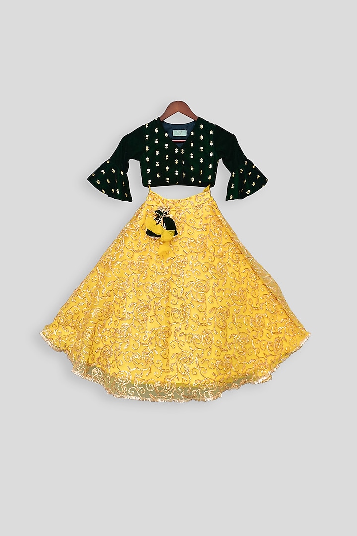Emerald Green Embroidered Blouse With Lehenga For Girls by Fayon Kids