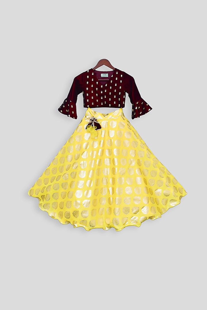 Maroon Embroidered Blouse With Yellow Lehenga For Girls by Fayon Kids