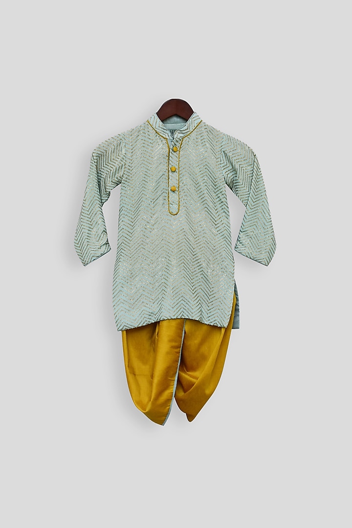 Blue Embroidered Kurta With Yellow Dhoti For Boys by Fayon Kids