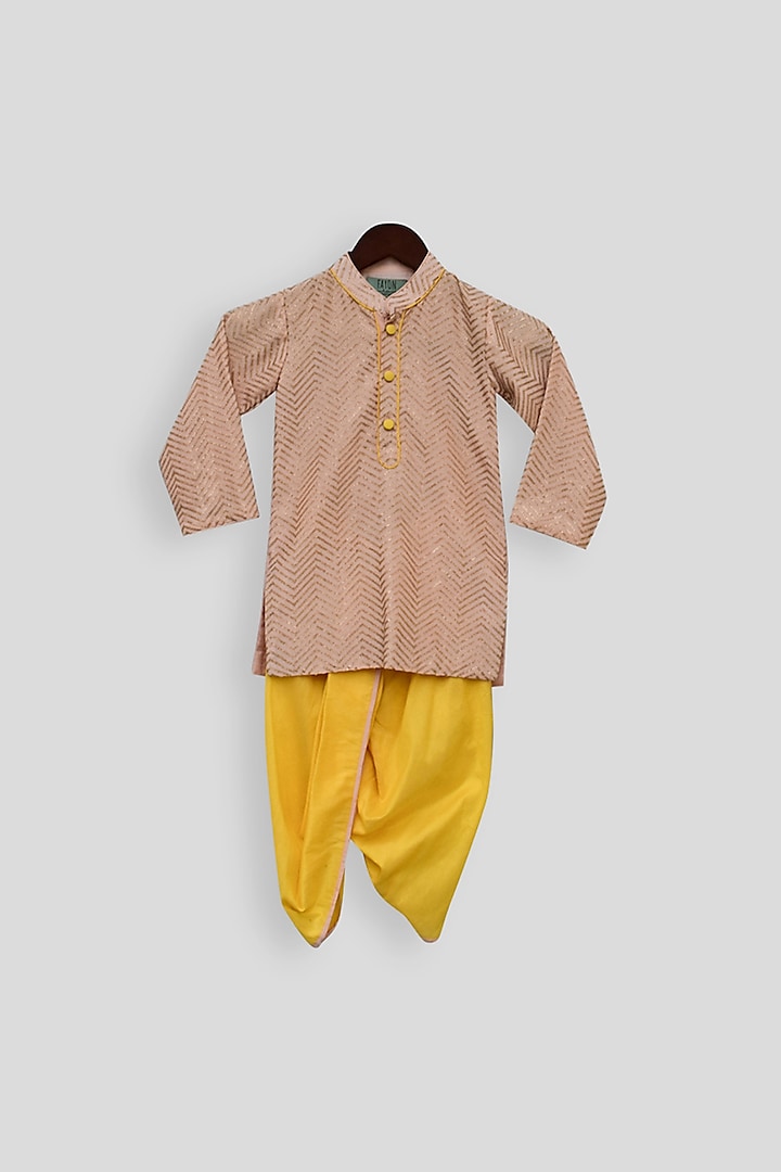 Peach Embroidered Kurta With Yellow Dhoti For Boys by Fayon Kids