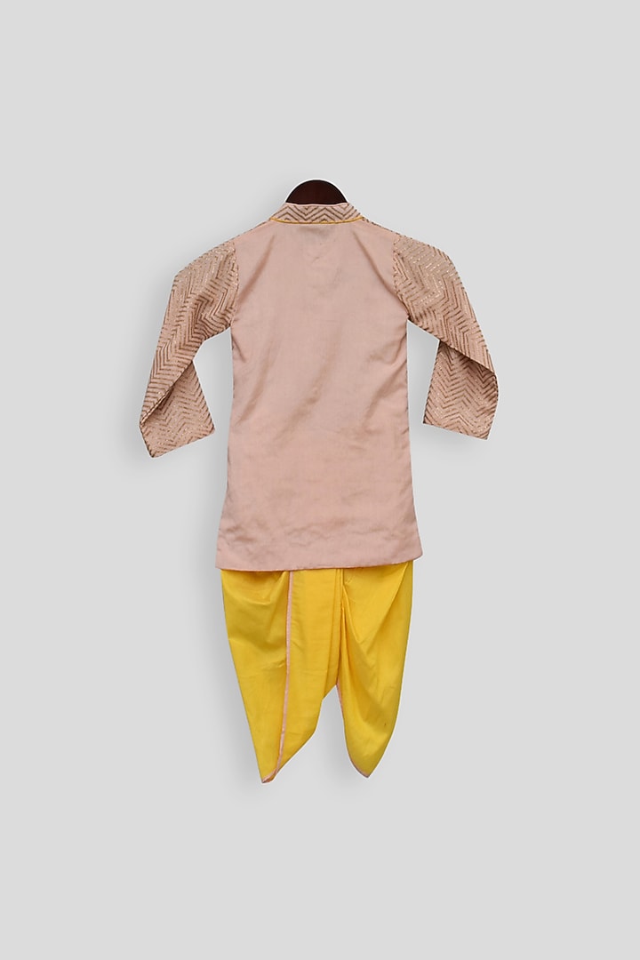 Peach Embroidered Kurta With Yellow Dhoti For Boys by Fayon Kids at Pernia's Pop Up Shop