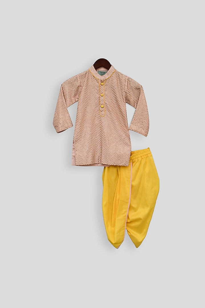 Peach Embroidered Kurta With Yellow Dhoti For Boys by Fayon Kids at Pernia's Pop Up Shop