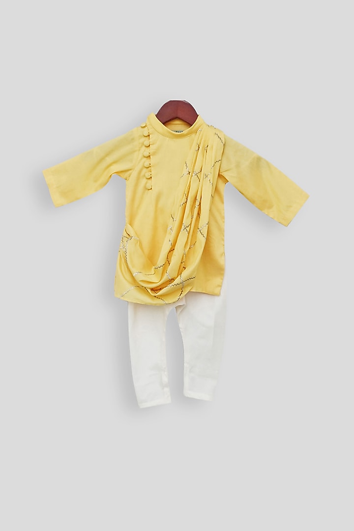 Yellow Embroidered Kurta Set For Boys by Fayon Kids at Pernia's Pop Up Shop