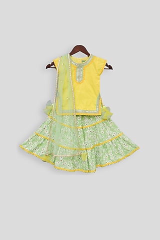 Yellow & Green Printed Sharara Set For Girls by Fayon Kids