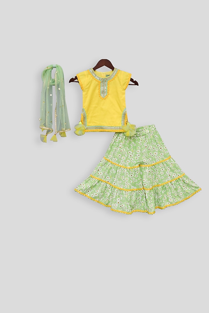 Yellow & Green Printed Sharara Set For Girls by Fayon Kids at Pernia's Pop Up Shop