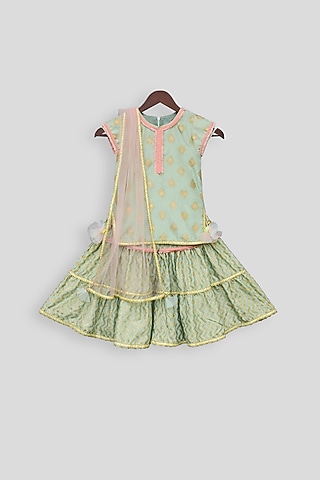 Green Printed Sharara Set For Girls by Fayon Kids