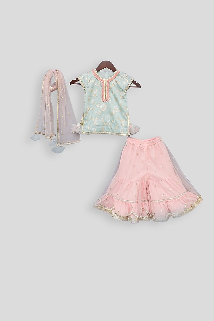 Powder Blue & Pink Sharara Set For Girls by Fayon Kids at Pernia's Pop Up Shop