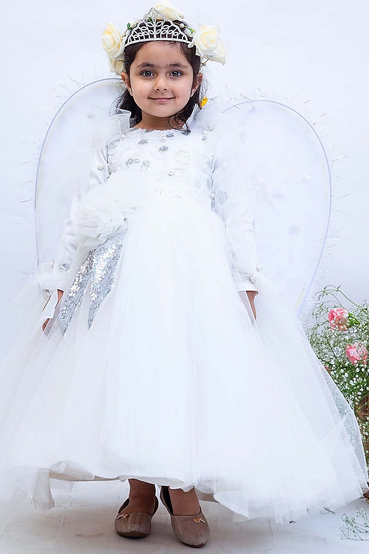 White Embroidered Gown For Girls by Fayon Kids