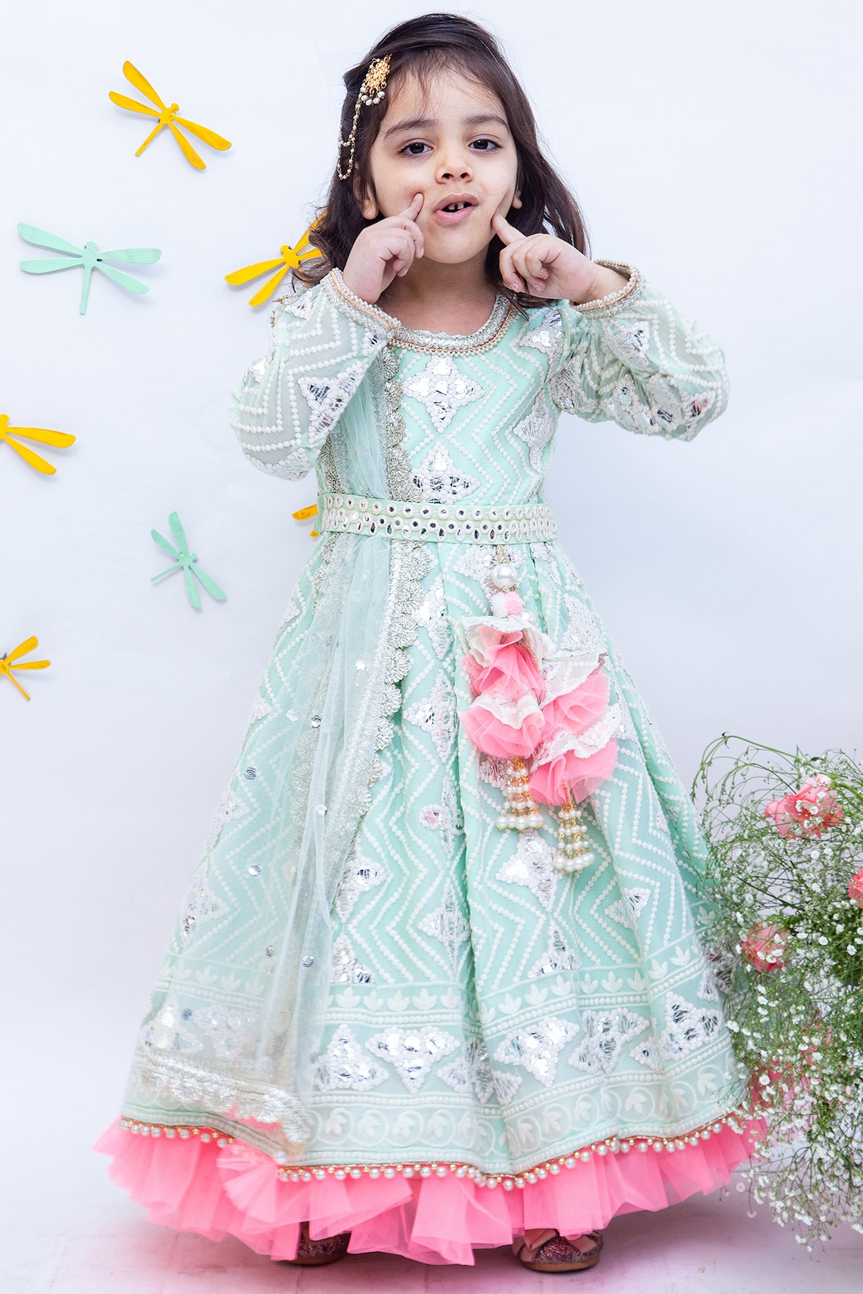 Pista Green Embellished Anarkali Set For Girls by Fayon Kids at