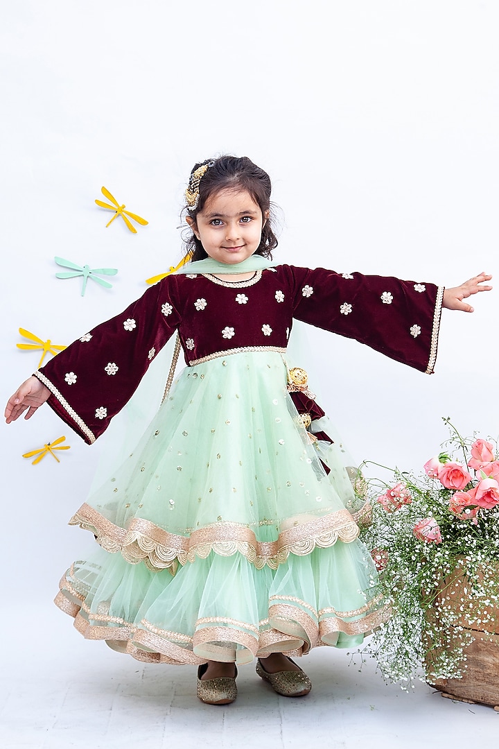 Pista Green Embellished Anarkali Set For Girls by Fayon Kids