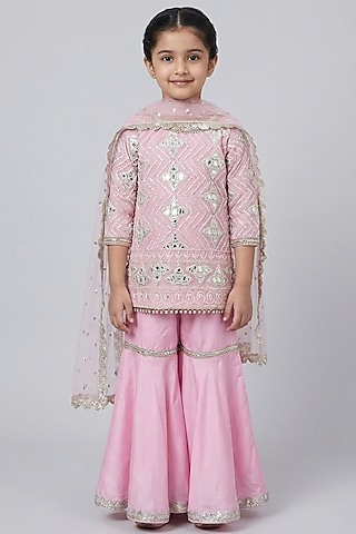 Pink Georgette Thread Embellished Sharara Set For Girls by Fayon Kids