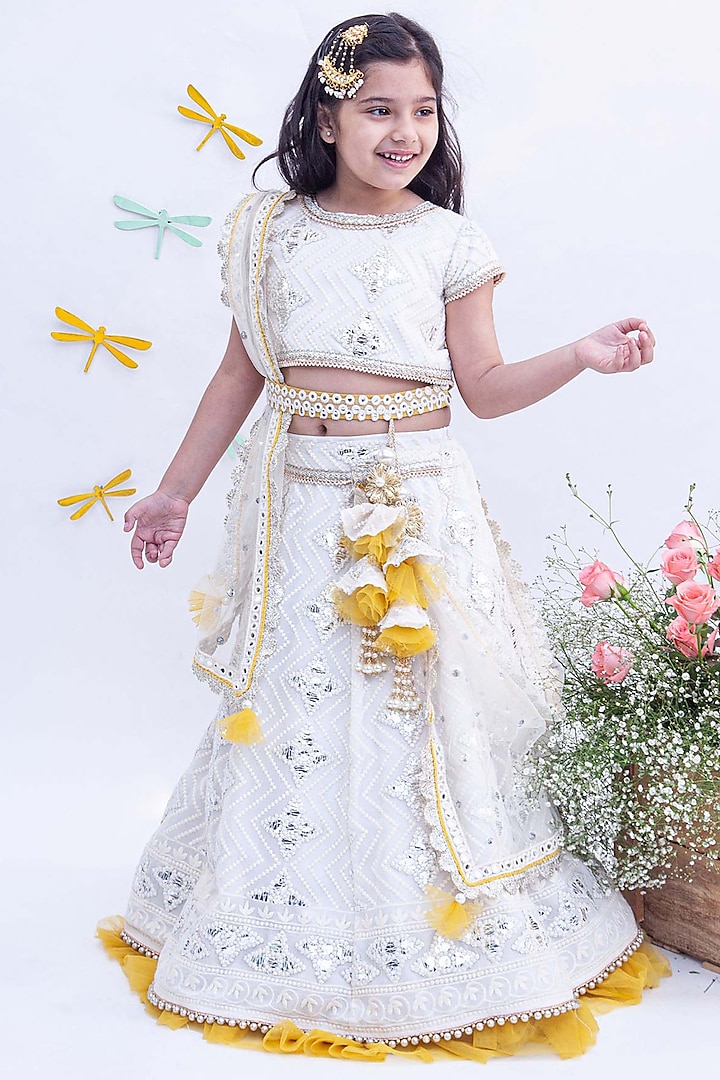 Off White Embroidered Lehenga Set For Girls by Fayon Kids