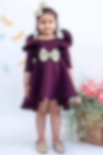 Wine Neoprene Dress With Bow For Girls by Fayon Kids