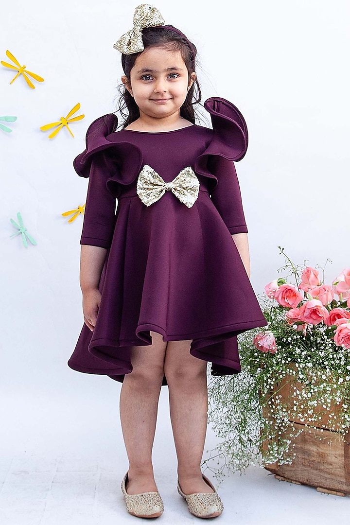 Wine Neoprene Dress With Bow For Girls by Fayon Kids