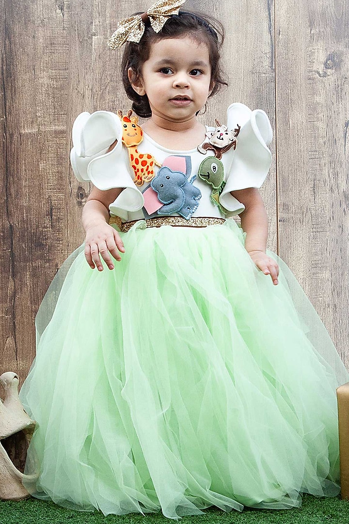 Off White & Green Gown With Belt For Girls by Fayon Kids